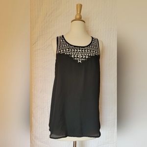 Black Chiffon Tank w White Embroidery